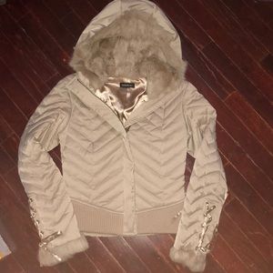 Tan BeBe short jacket with fur hood corset detail
